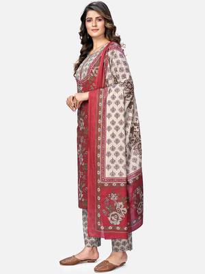 Women's Printed & Embroidered Straight Cotton Red Kurta With Pant & Dupatta 4
