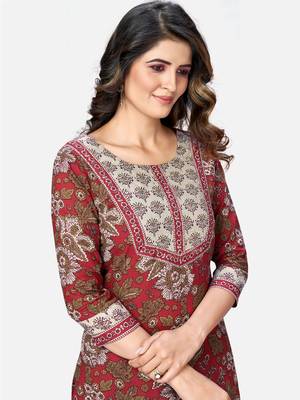 Women's Printed & Embroidered Straight Cotton Red Kurta With Pant & Dupatta 5