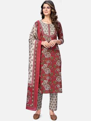 Women's Printed & Embroidered Straight Cotton Red Kurta With Pant & Dupatta 8