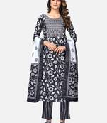 Women's Printed & Embroidered Straight Cotton Black Kurta With Pant & Dupatta
