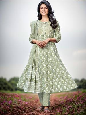 Women's Printed & Handwork Anarkali Cotton Pista Kurta With Pant & Dupatta 1