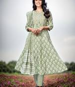 Women's Printed & Handwork Anarkali Cotton Pista Kurta With Pant & Dupatta