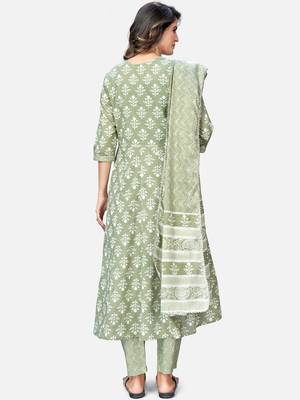 Women's Printed & Handwork Anarkali Cotton Pista Kurta With Pant & Dupatta 2