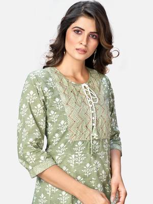 Women's Printed & Handwork Anarkali Cotton Pista Kurta With Pant & Dupatta 5