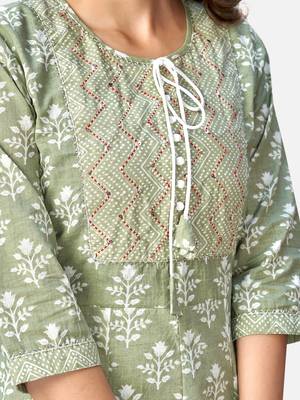 Women's Printed & Handwork Anarkali Cotton Pista Kurta With Pant & Dupatta 6
