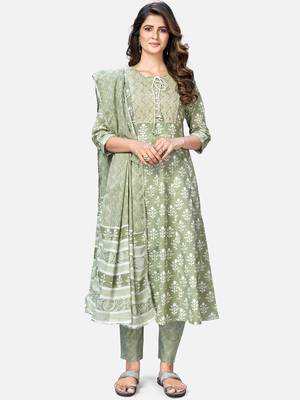 Women's Printed & Handwork Anarkali Cotton Pista Kurta With Pant & Dupatta 9