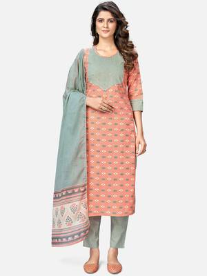 Women's Printed & Handwork Straight Cotton Orange Kurta With Pant & Dupatta 1