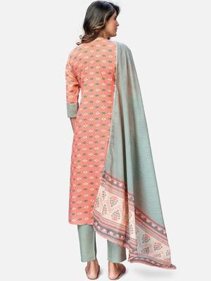 Women's Printed & Handwork Straight Cotton Orange Kurta With Pant & Dupatta 2