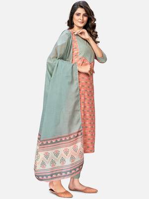 Women's Printed & Handwork Straight Cotton Orange Kurta With Pant & Dupatta 3