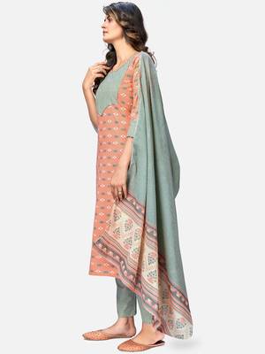 Women's Printed & Handwork Straight Cotton Orange Kurta With Pant & Dupatta 4