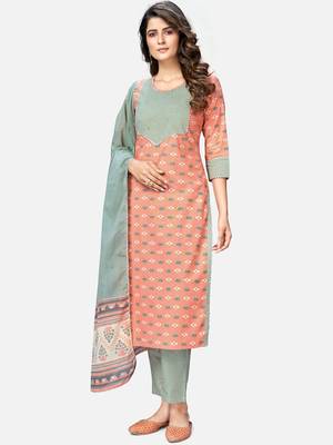 Women's Printed & Handwork Straight Cotton Orange Kurta With Pant & Dupatta 8