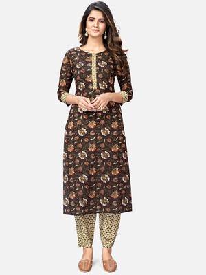 Women's Printed Straight Cotton Brown Kurta With Pant 1