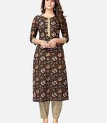 Women's Printed Straight Cotton Brown Kurta With Pant