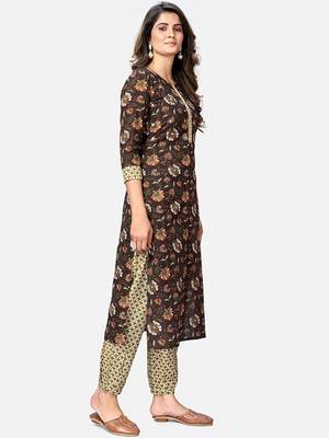 Women's Printed Straight Cotton Brown Kurta With Pant 3
