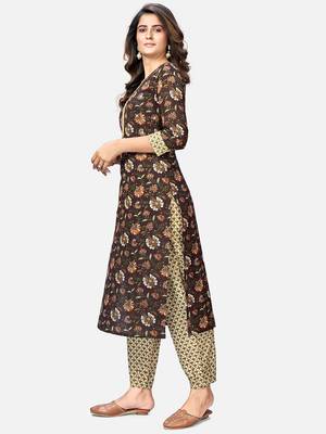 Women's Printed Straight Cotton Brown Kurta With Pant 4