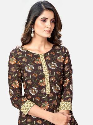Women's Printed Straight Cotton Brown Kurta With Pant 5