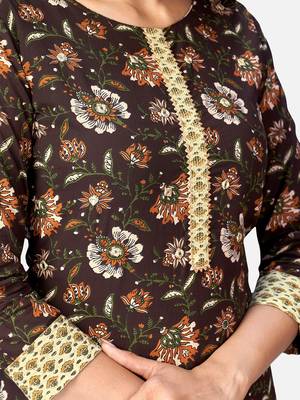 Women's Printed Straight Cotton Brown Kurta With Pant 6