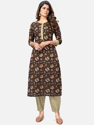 Women's Printed Straight Cotton Brown Kurta With Pant 7