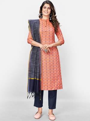 Women's Printed Straight Cotton Peach Kurta With Pant & Dupatta 1