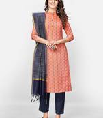 Women's Printed Straight Cotton Peach Kurta With Pant & Dupatta