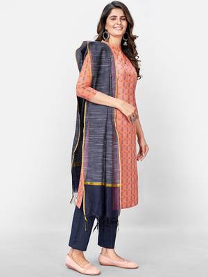 Women's Printed Straight Cotton Peach Kurta With Pant & Dupatta 3