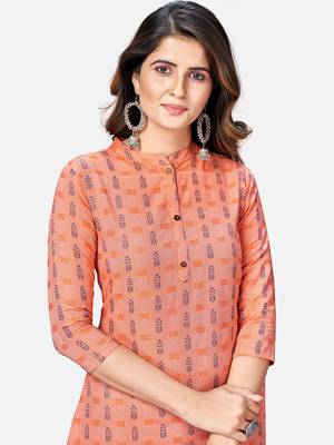 Women's Printed Straight Cotton Peach Kurta With Pant & Dupatta 5