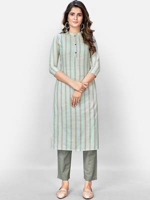 Women's Printed Straight Cotton Light Grey Kurta With Pant 1