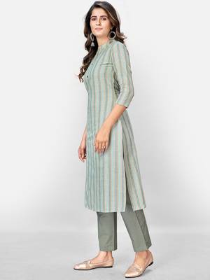 Women's Printed Straight Cotton Light Grey Kurta With Pant 3