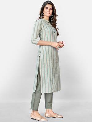 Women's Printed Straight Cotton Light Grey Kurta With Pant 4