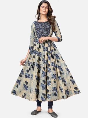 Women's Printed & Hand Work Anarkali Cotton Beige Kurta 1