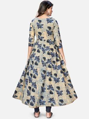 Women's Printed & Hand Work Anarkali Cotton Beige Kurta 2
