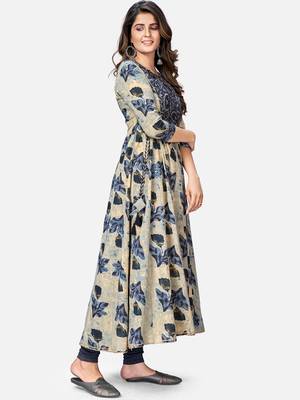 Women's Printed & Hand Work Anarkali Cotton Beige Kurta 3
