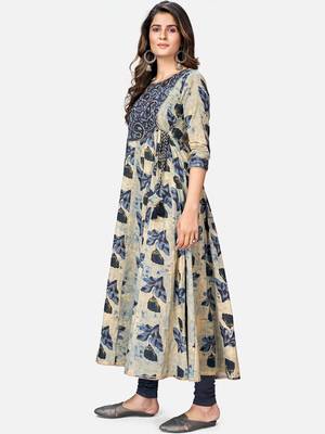 Women's Printed & Hand Work Anarkali Cotton Beige Kurta 4
