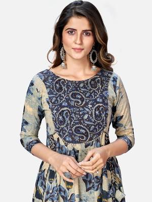 Women's Printed & Hand Work Anarkali Cotton Beige Kurta 5