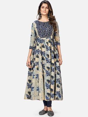 Women's Printed & Hand Work Anarkali Cotton Beige Kurta 6