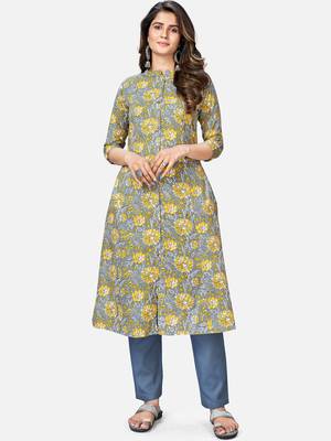 Women's Flower Print A-Line Cotton Grey Kurta With Multiple Slit 1