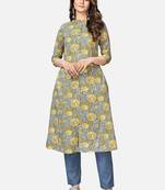 Women's Flower Print A-Line Cotton Grey Kurta With Multiple Slit