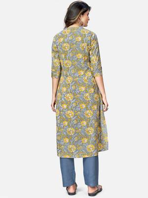 Women's Flower Print A-Line Cotton Grey Kurta With Multiple Slit 2