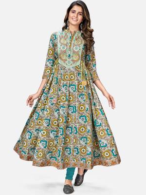 Women's Printed & Embroidered Anarkali Cotton Multicolor Kurta 1