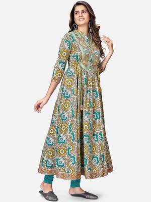 Women's Printed & Embroidered Anarkali Cotton Multicolor Kurta 4