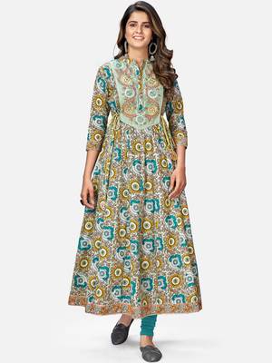 Women's Printed & Embroidered Anarkali Cotton Multicolor Kurta 7