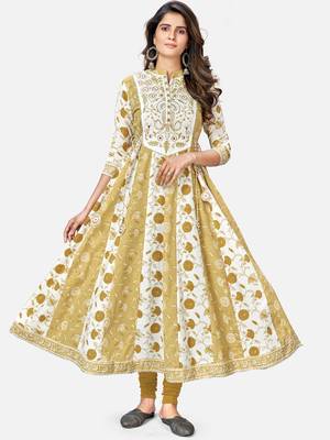 Women's Printed & Embroidered Anarkali Cotton Mehendi Green Kurta 1