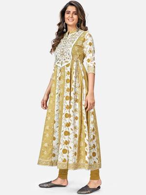 Women's Printed & Embroidered Anarkali Cotton Mehendi Green Kurta 4