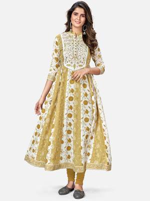 Women's Printed & Embroidered Anarkali Cotton Mehendi Green Kurta 7