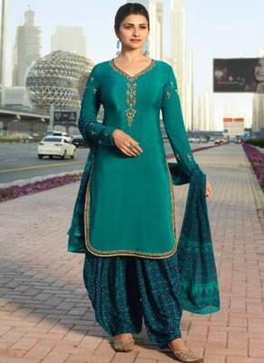 Turquoise French Crepe Printed Dress Material 1