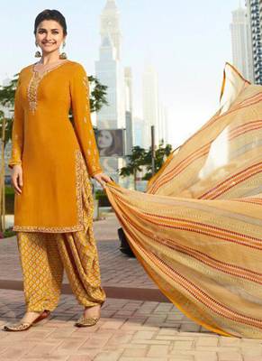 Mustard French Crepe Printed Dress Material 1