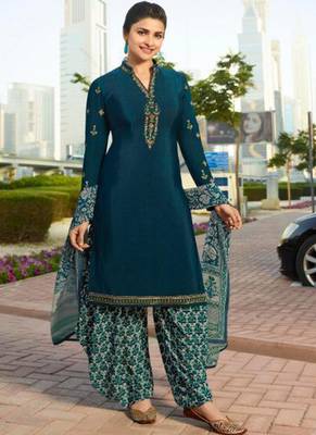Teal French Crepe Printed Dress Material 1