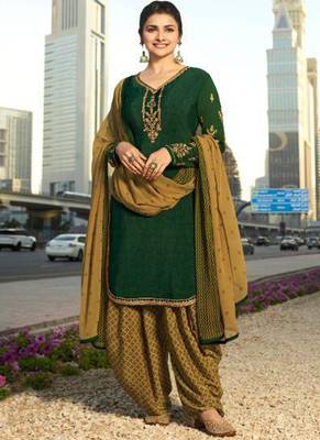 Green French Crepe Printed Dress Material 1