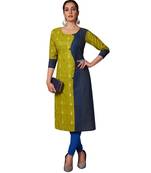 Women's Green & Blue Cotton Printed Straight Fit Readymade Kurta/Kurti