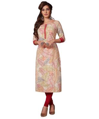 Women's Beige & Maroon Cotton Printed Straight Fit Readymade Kurta/Kurti 1